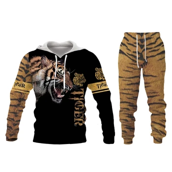 Tiger 3D Tiskanih moška Majica s Kapuco Nastavite Človek Lev Volk Priložnostne Sweashirt Puloverju Moda moška Oblačila tekaška Trenirka