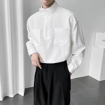 2023 Novo Pol-visok Ovratnik Barva Long Sleeve Majica Za Moške Design Nišo Luksuzni korejski Oblačila, Casual Ohlapen Pulover Majica