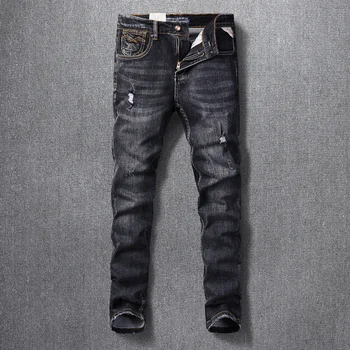 Italijanski Modni Stil Moške Jeans Retro Črno Siva Elastična Slim Fit Ripped Kavbojke Moški Letnik Oblikovalec Priložnostne Bombaža, Jeansa Hlače