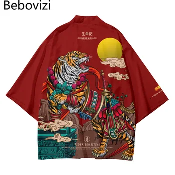 Tiger Tiskanja Cosplay Rdeča Majica Tradicionalnih Haori Kimono Ženske Moški Harajuku Japonski Plaži Yukata Ulične Jopico Oblačila