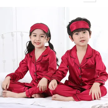 2021 Malčke Baby Boy Girl Saten Svila Vrh Sopihanje Pižamo Long sleeve Solid Gumb Navzdol Pižame Saten Nastavite Otrok Sleepwear Nightgown