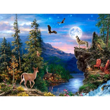 Platno Velikost Diamond Slikarstvo Mozaik Nove Lune Pokrajina Nastavitev Za Vezenje Prečni Živali Sova 5d DIY Sliko Okrasnih Darilo