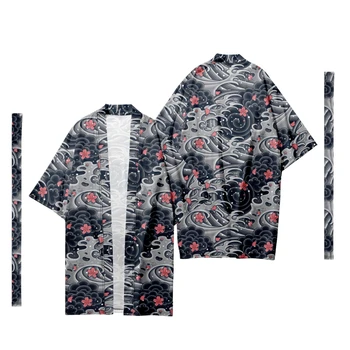 Moške Japonski Sakura Vzorec Dolgo Kimono Jopico Moške Samurai Kostum Kimono Tradicionalnih Kimono Rokavi Yukata Suknjič 9
