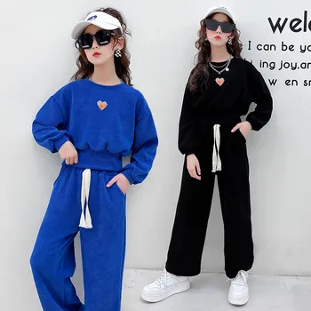 Modna Oblačila za Otroke, Dekleta Najstniških Barva Sportwear korejski Otrok Svoboden Visoko Pasu Sweatshirts 2pcs bo Ustrezala Sweatpants
