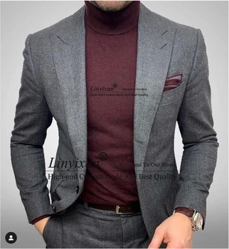 Klasičen Zimski Siva Kost Tweed Moške Obleke Slim Fit Poslovnih Jopič 2 Delni Set Poroko Jopičem Terno Masculino Suknjič Hlače