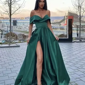 2022 Elegantno Off Ramo Smaragdno Zelena Saten Dolgo Prom Obleke z Nogo Režejo Proti-vrat Dolžina Tal arabski Večernih Oblek