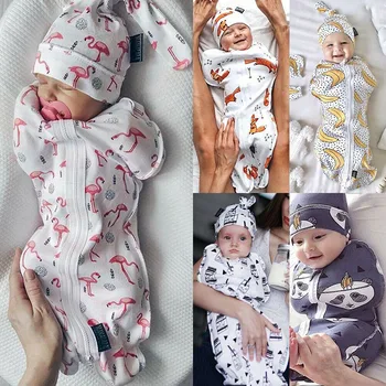 Novorojenček Malčka, Otroške Spalne Vreče za Malčke Baby Bombaž Zadrgo Swaddle Odejo Zaviti Spalna Vreča Klobuk 2pcs Velikost 0-6M Sleepwear