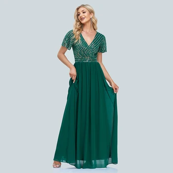 2022 Nove Ženske Zelena Elegantne Večerne Obleke Proti-Vrat Sequins Šifon Formalnih Obleke Haljo Vestidos De fiesta Obleko Za svate
