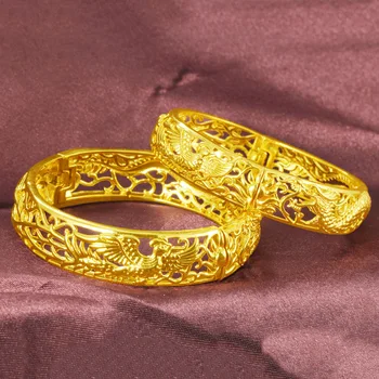 1 kos Phoenix Zmaj Potiskane Poroko Bangle Zapestnica Rumeno Zlato, ki je Napolnjena Klasična Ženska Bangle Darilo