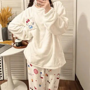 Sanrio Hello Kitty Pajama Določa Pozimi Toplo Novo Coral Runo Pižamo za Ženske Srčkan Domače Obleke Bele Darilo