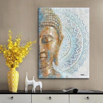 Zlati Buda Platno Wall Art: Mandala Cvet Cvet Buda Slikarstvo Zen Natisniti Sliko na Modro za Jogo z Meditacijo, Soba, Spalnica