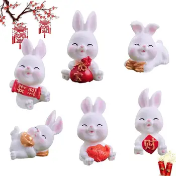 Leto Zajec Figur 6pcs Smolo Zajček Obrti Kip Kitajski 2023 Lucky Rabbit Kiparstvo Darilo Party Dodatki za Okras