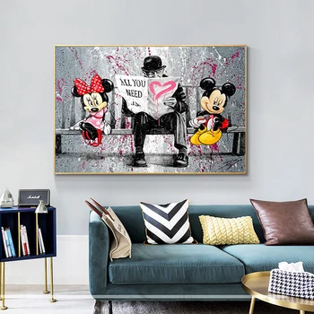 Banksy Umetnine Grafiti Platno Art Pop Vse, kar POTREBUJETE, JE LJUBEZEN Mickey Mouse Plakatov in Fotografij Wall Art Slike za dnevno Sobo