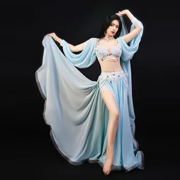 Nov Slog Belly Dance Kostumi za Ženske 3 Kos Modrc in Rokave in Krila Seksi Ples, Orientalski Ples Kostum Uspešnosti Set