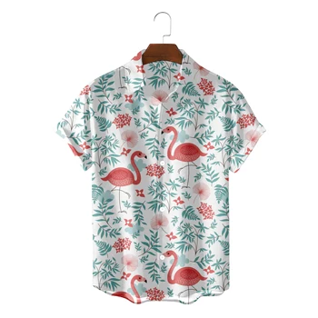 Moda Hawaiian Majica Za Moške Poletne Plaže Oblačila Flamingo Risanje Camisa Blusas Bluze Gumb Gor Ulične Srajca