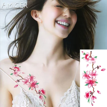 3D veren Češnje cvetovi vrtnice velikih cvetov Nepremočljiva Začasne tetovaže ženske flash tatoo roko, ramo tattoo nalepke