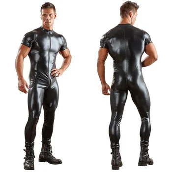 Usnjene Hlače Za Moške, Modni Moški Men Latex Tekoče Wetlook Moških Jumpsuits Usnje Črna Zentai Bodysuits