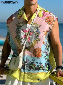INCERUN Vrhovi 2022 Moške Poletne Havajih, Priložnostne Slog Počitnice Bluzo Modni Vse-tekma brez Rokavov Vrhovi Natisnjeni Gumbi Up Majica S-5XL