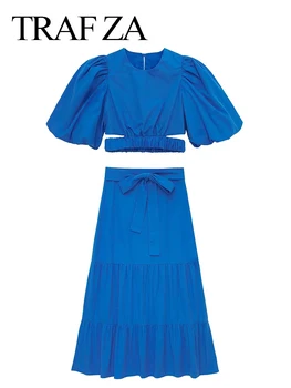TRAF ZA Mornarsko Modra Elegantno Trend Bombaža ženska Oblačila Modni Premium Puff Obrezano Rokavi Top Naguban Dolgo Krilo Obleko Lady